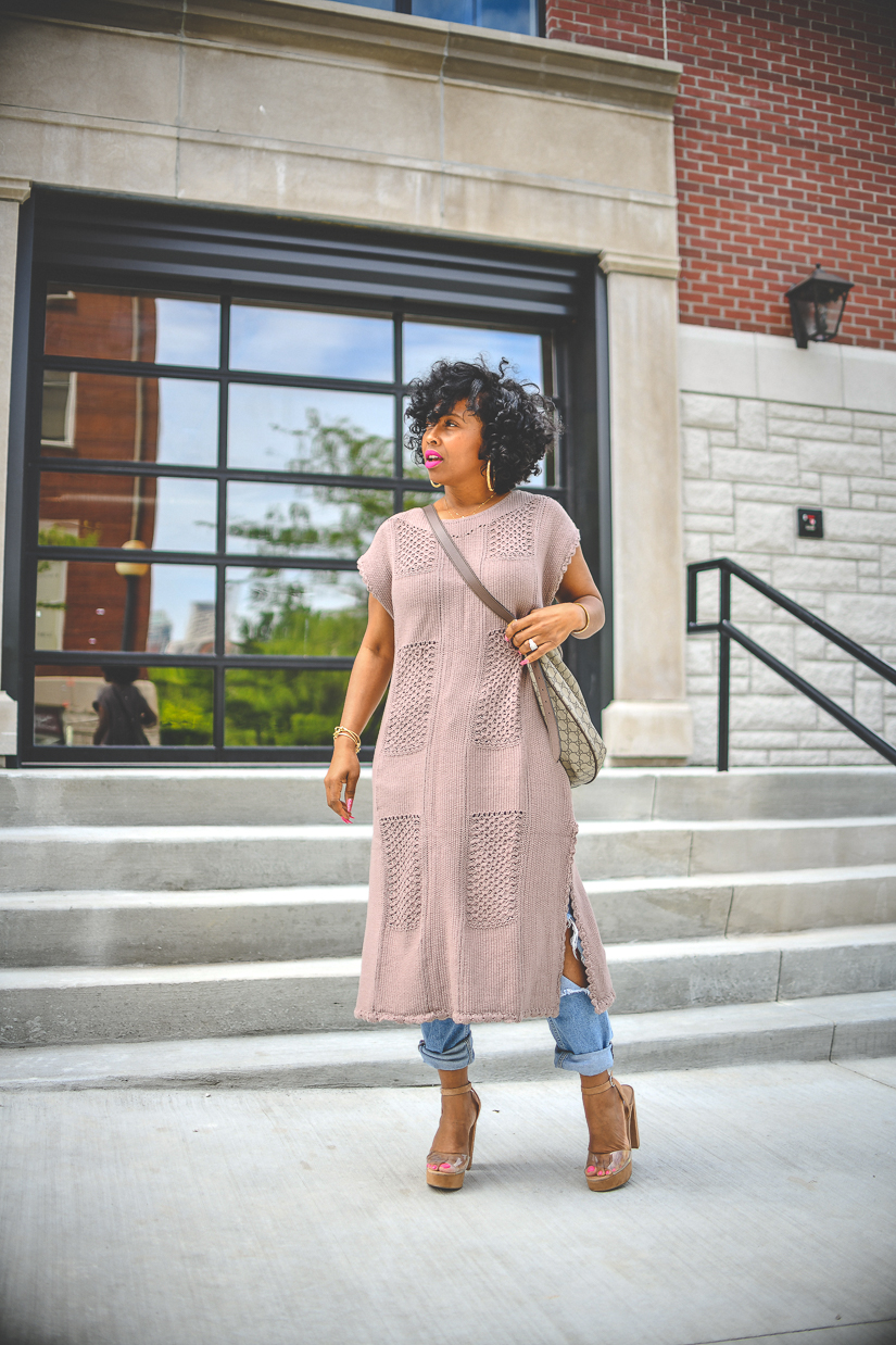 Short sleeve textured solid sweater midi dress with side slit detail