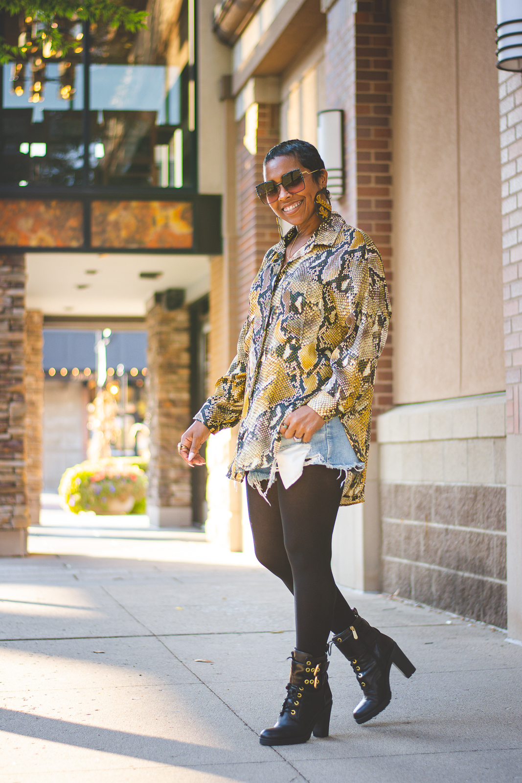 USE WHAT'CHA GOT!, OUTFIT IDEAS, OUTFIT, OUTFIT POST, Fall 2019, fall outfit ideas, Winter Outfit Idea, Winter 2019, Sweenee Style, Indianapolis Style Blog, Black Girls who blog, Outfit Inspiration, How to wear denim shorts, How to wear button up top, how to wear snakeskin
