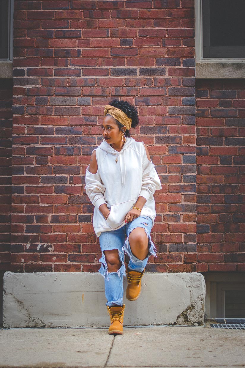 How To: DIY Cold Shoulder Hoodie, SWEENEE STYLE, HOW TO WEAR TIMBERLAND BOOTS, FALL OUTFIT, HOW TO WEAR NATURAL HAIR, HOW TO WEAR A HOODIE