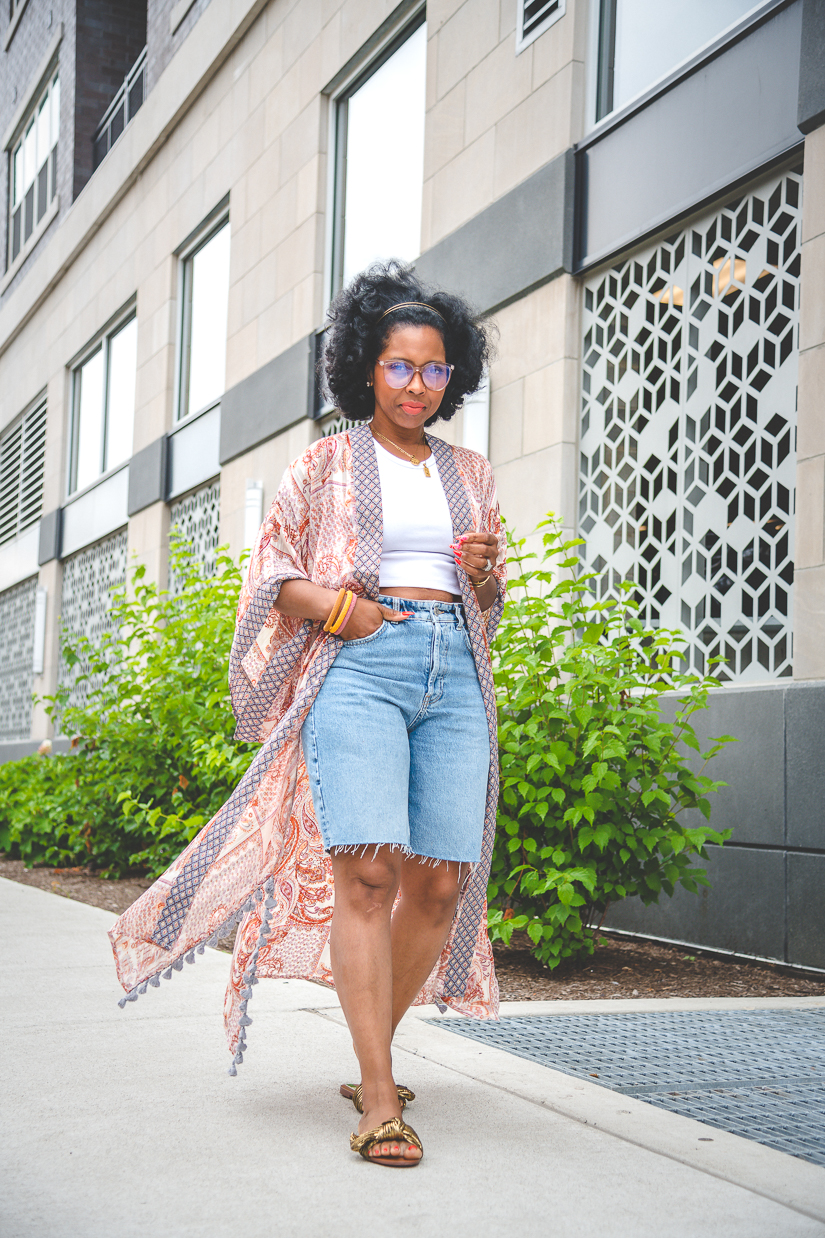 Sweenee Style, summer Outfit Idea, How to wear denim shorts, How to wear a Kimono, Indianapolis fashion blog, How to style natural hair