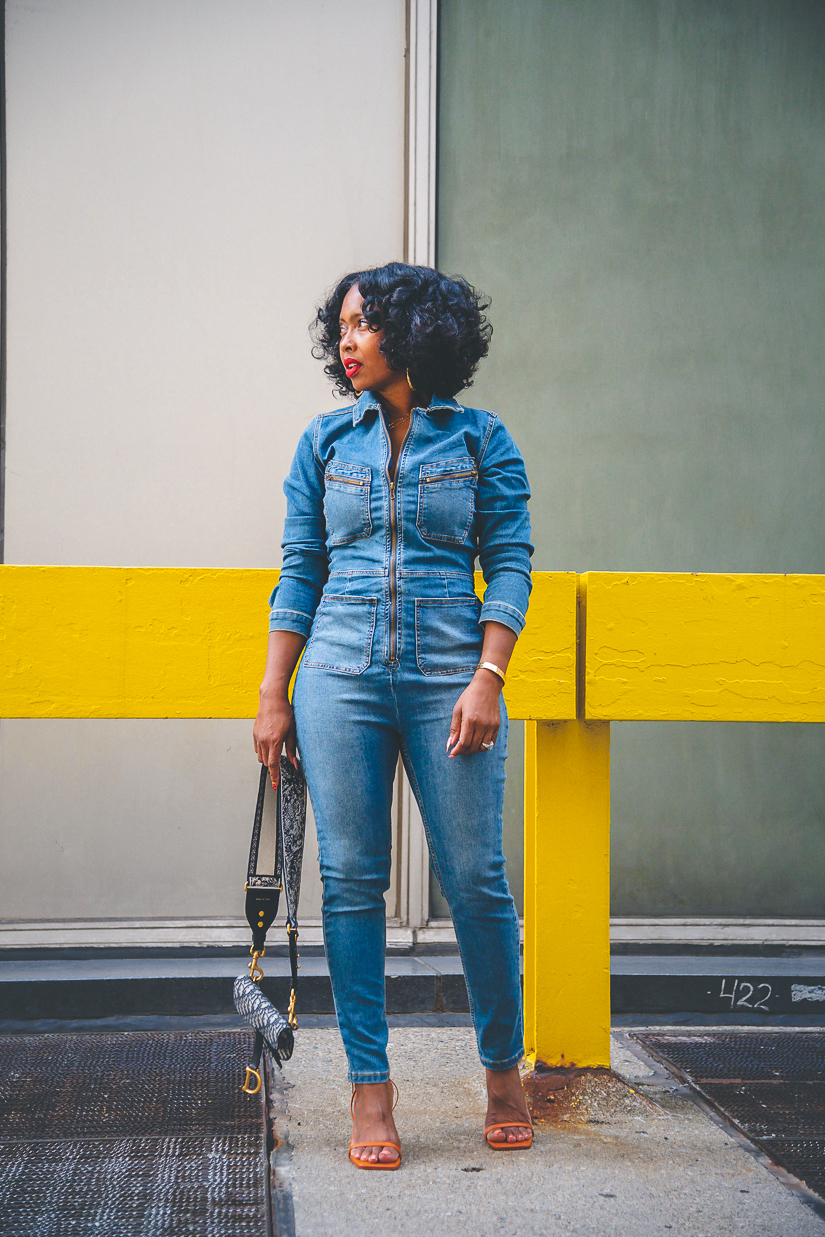 FREE PEOPLE JUMPSUIT, SWEENEE STYLE, HOW TO WEAR DENIM, EASY OUTFIT IDEA, DIOR SADDLE BAG, HOW TO WEAR NATURAL HAIR, FLEXI ROD SET, INDIANAPOLIS STYLE