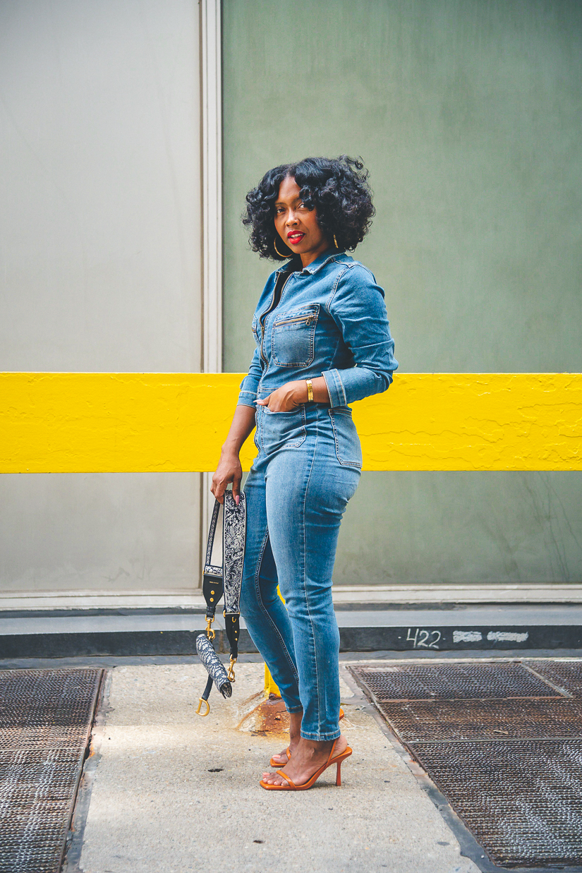 FREE PEOPLE JUMPSUIT, SWEENEE STYLE, HOW TO WEAR DENIM, EASY OUTFIT IDEA, DIOR SADDLE BAG, HOW TO WEAR NATURAL HAIR, FLEXI ROD SET, INDIANAPOLIS STYLE