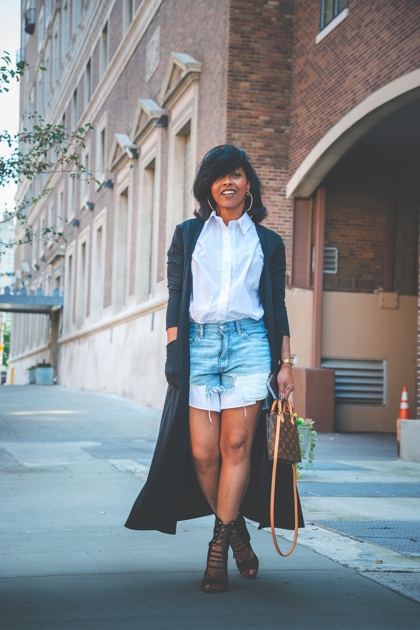 sweenee style, how to wear shorts in the fall, natural hair, long black cardigan, open to booties
