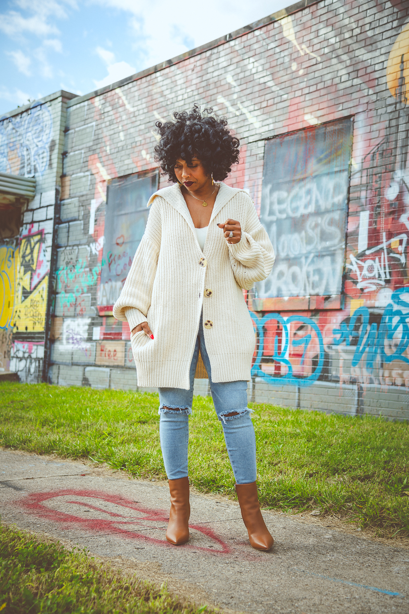 Sweenee Style, indianapolis style blog, free people cardigan, free people style, how to wear distressed denim, natural hair, fall 2021 outfit idea