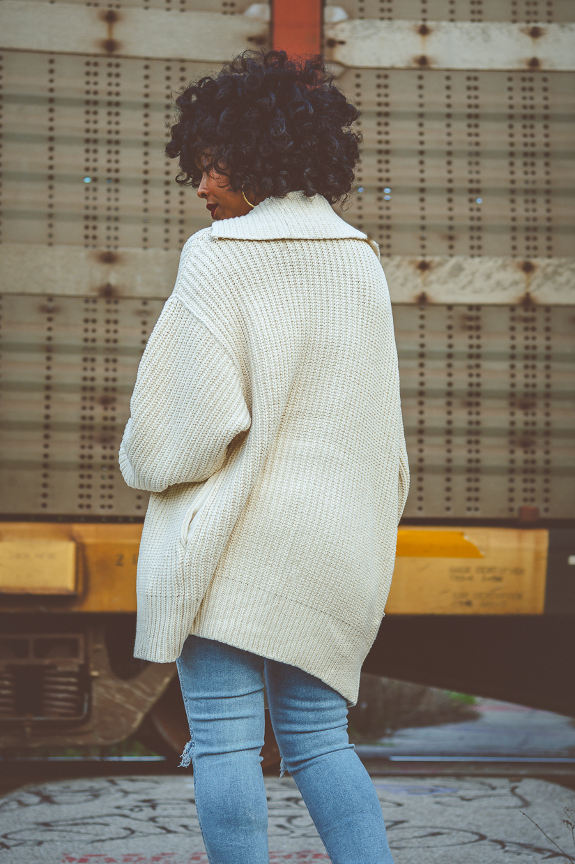 Sweenee Style, indianapolis style blog, free people cardigan, free people style, how to wear distressed denim, natural hair, fall 2021 outfit idea