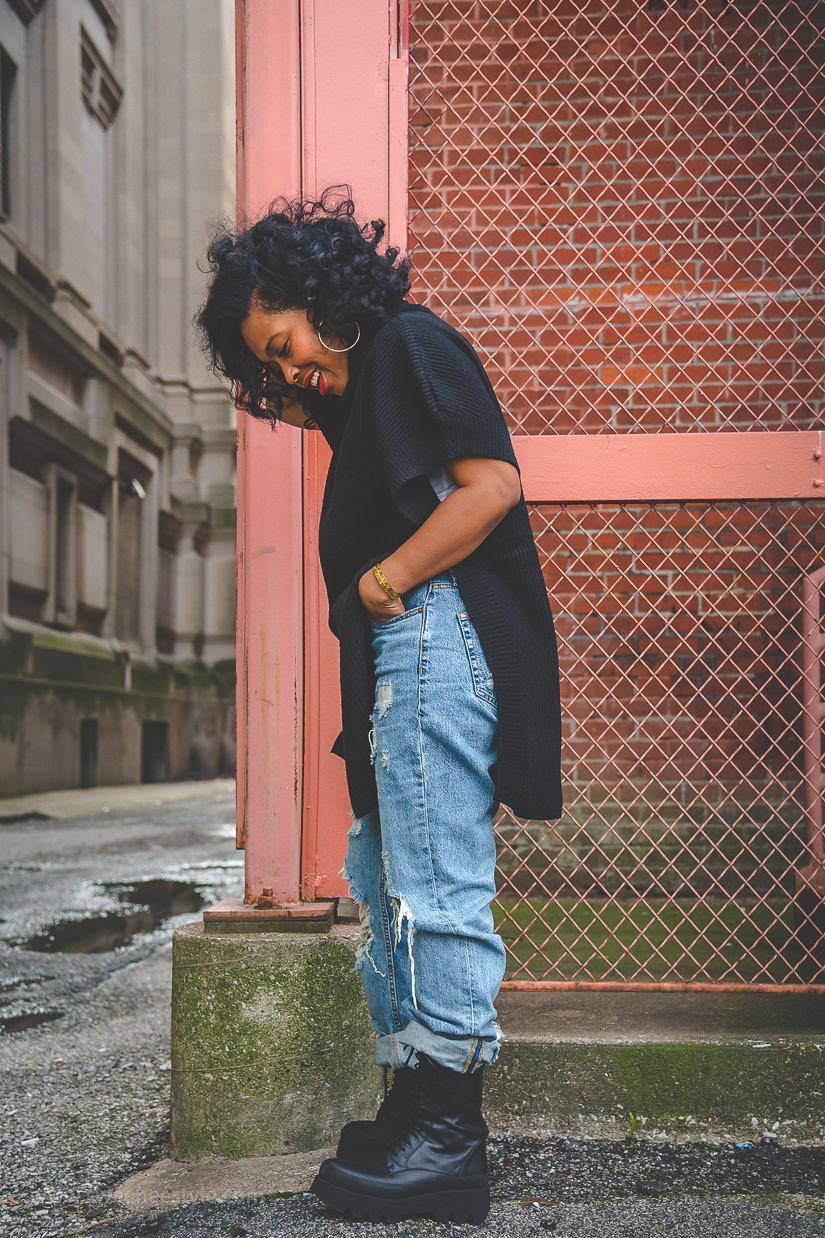 SWEENEE STYLE, HOW TO WEAR DISTRESSED DENIM, FREE PEOPLE DISTRESSED DENIM, EASY WINTER OUTFIT IDEA, BLACK GIRLS WHO BLOG, NATURAL HAIR