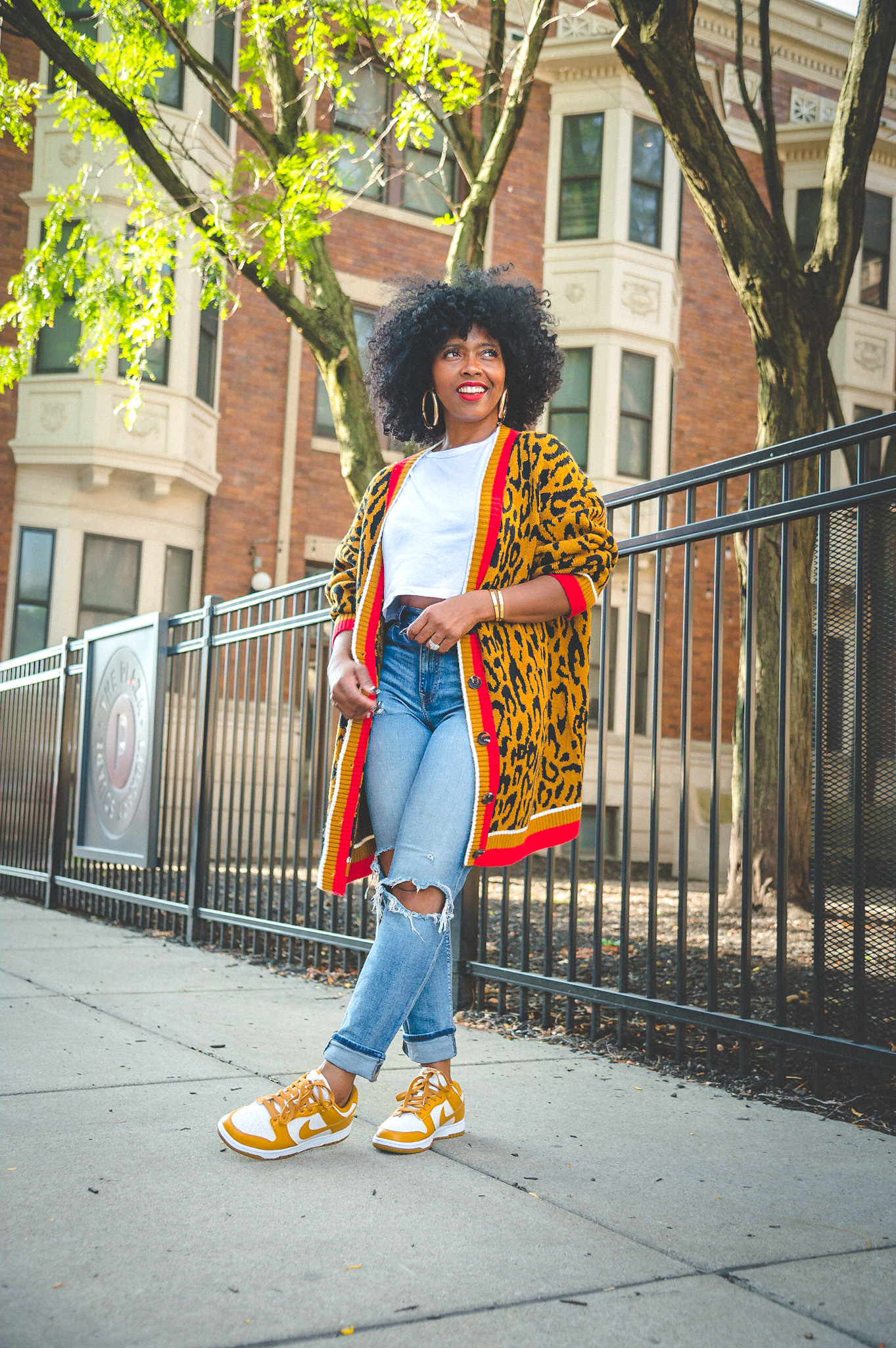 Sweenee  Style, Cardigan Outfit Ideas, How to Style Distressed Denim, How to wear Nike Dunks, hbcu homecoming style, hbcu homecoming, hbcu outfits, 