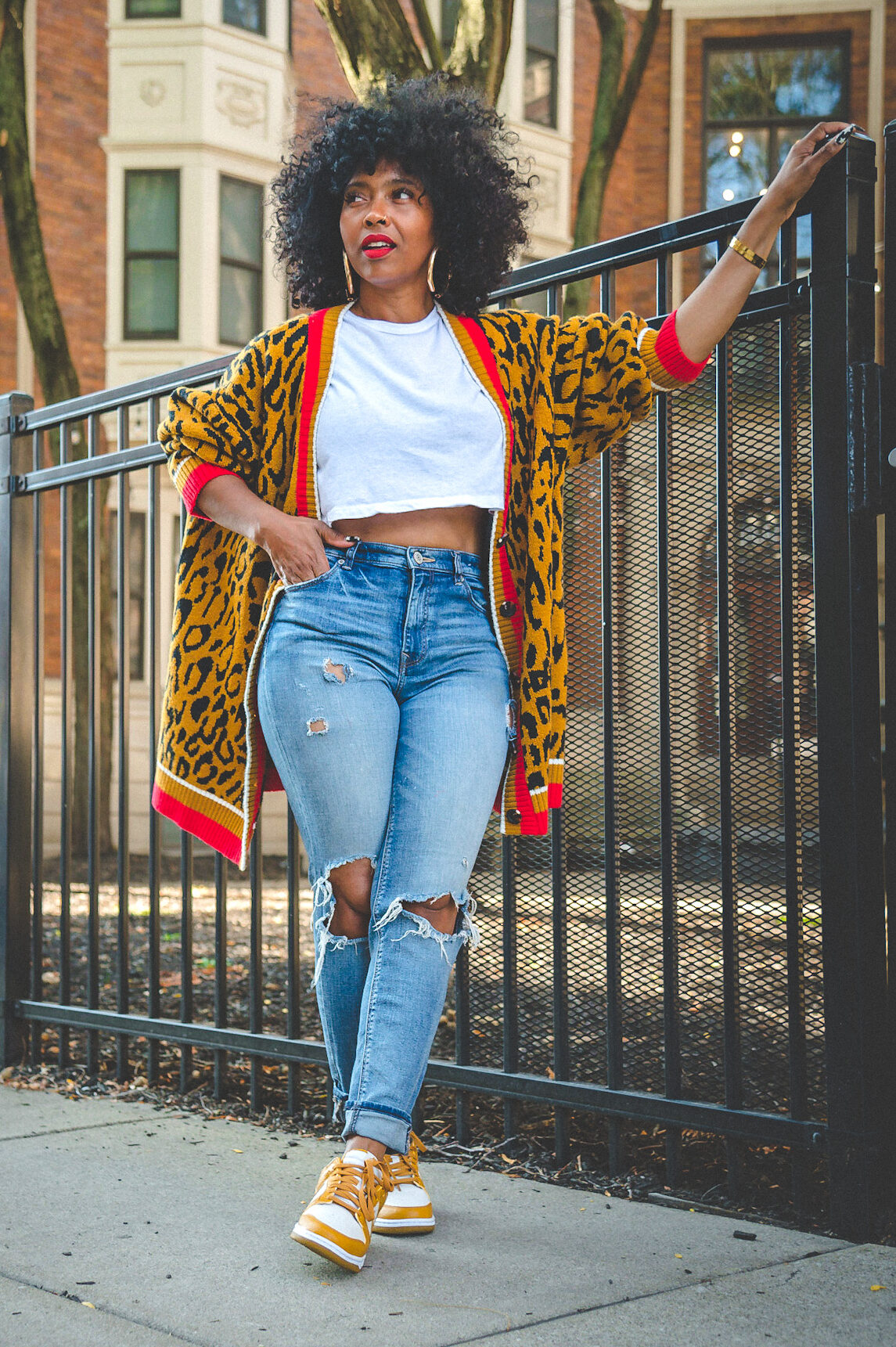 Sweenee  Style, Cardigan Outfit Ideas, How to Style Distressed Denim, How to wear Nike Dunks, hbcu homecoming style, hbcu homecoming, hbcu outfits, 