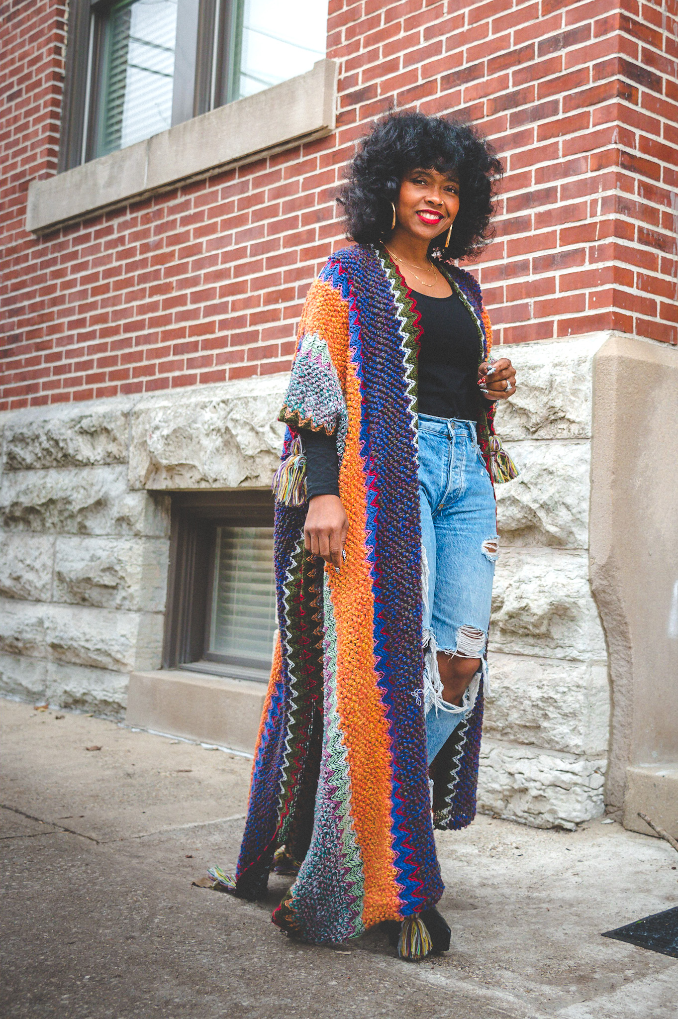 Sweenee Style, how to wear distressed denim, natural hairstyle, how to wear a wolf cut, indianapolis fashion blog, indiana style blog, adrienne from sweenee style, winter outfit idea, fall outfit idea, how to wear a red lip