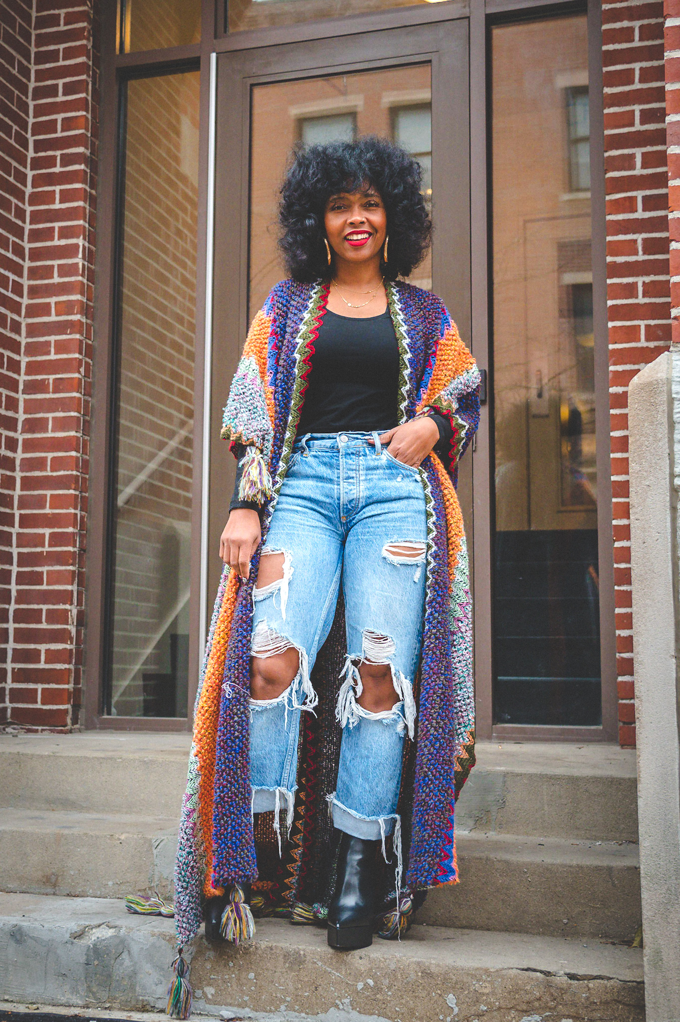 Sweenee Style, how to wear distressed denim, natural hairstyle, how to wear a wolf cut, indianapolis fashion blog, indiana style blog, adrienne from sweenee style, winter outfit idea, fall outfit idea, how to wear a red lip