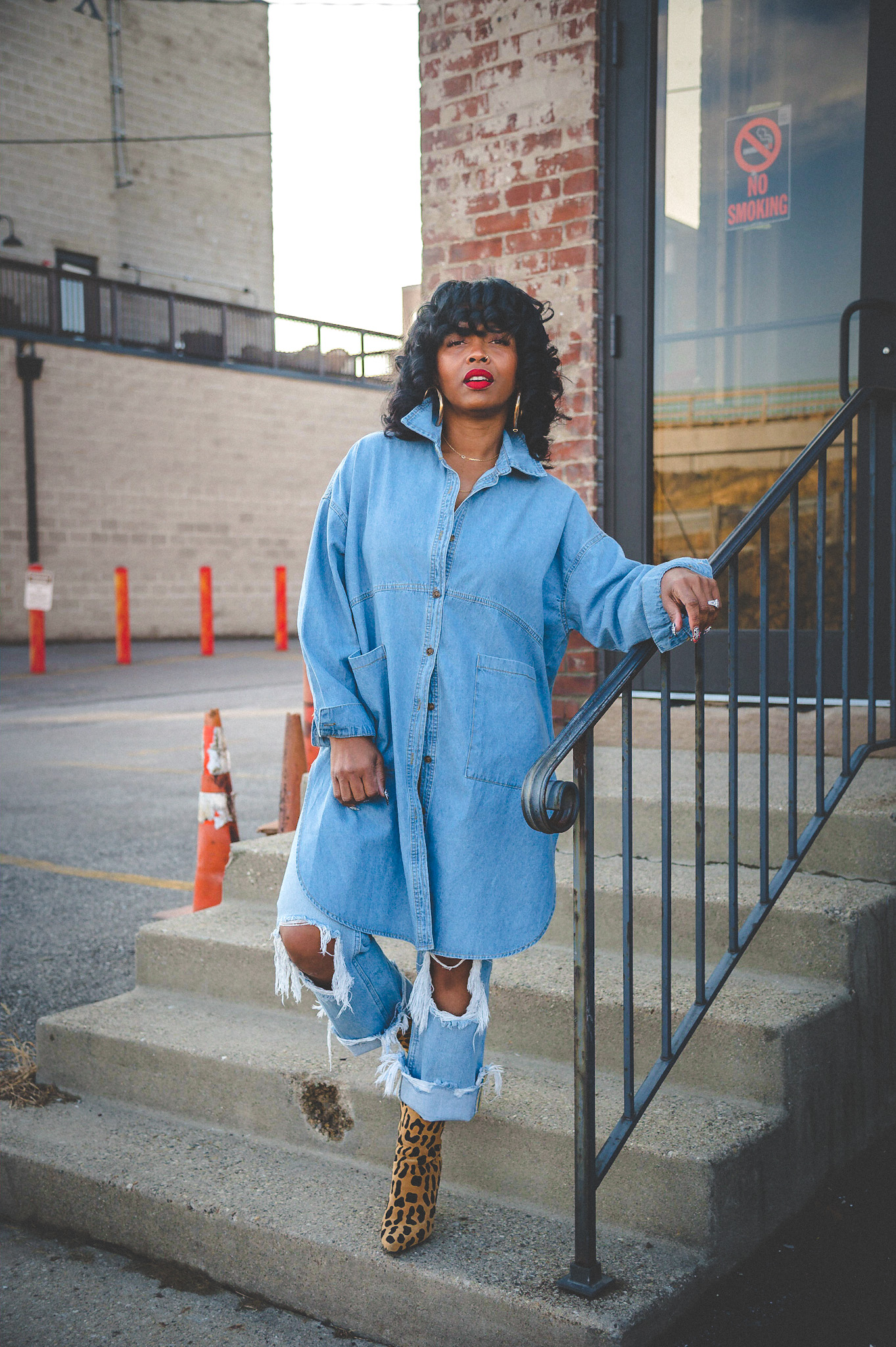 sweenee style, indianapolis fashion blog, denim on denim, leopard booties, natural hair, indianapolis fashion blog, adrienne from sweenee style, how to wear red lipstick, free people jeans, maggie jeans free people, denim shirt dress, sweeneestyleblogger, 