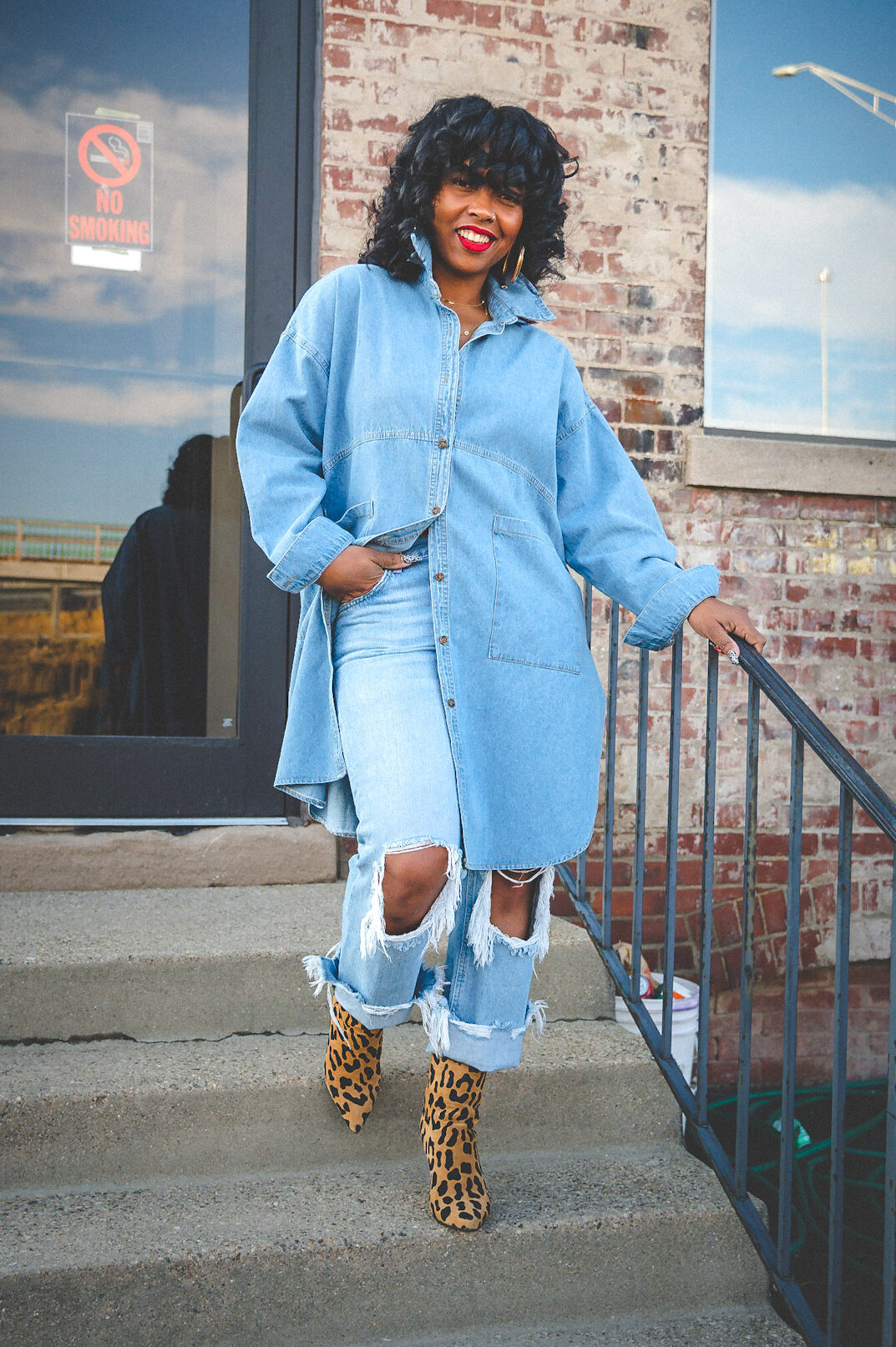 sweenee style, indianapolis fashion blog, denim on denim, leopard booties, natural hair, indianapolis fashion blog, adrienne from sweenee style, how to wear red lipstick, free people jeans, maggie jeans free people, denim shirt dress, sweeneestyleblogger, 
