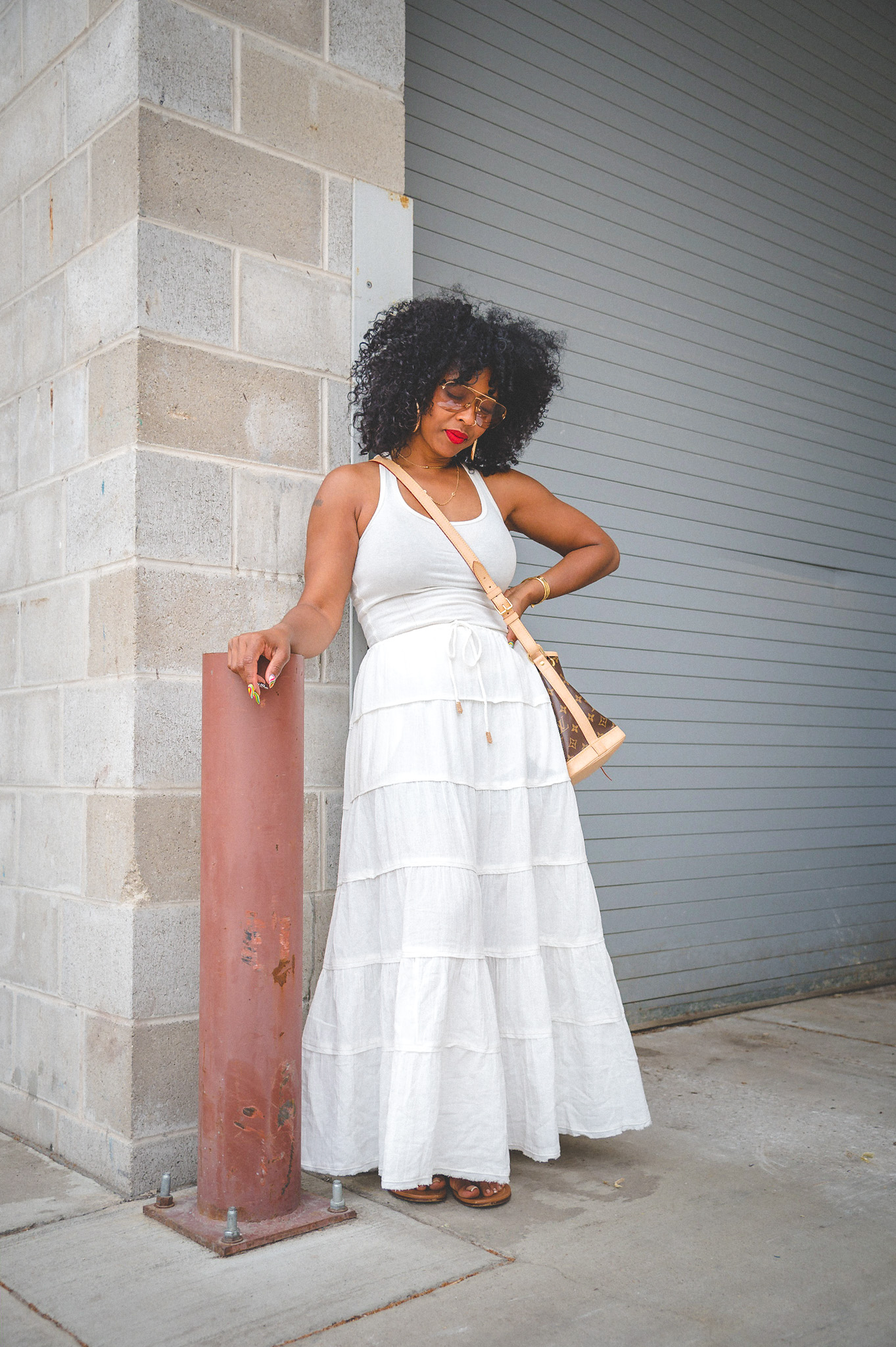 SWEENEE STYLE, FREE PEOPLE STYLE,  SUMMER OUTFIT, HOW TO WEAR CREAM, CREAM SKIRT, MAXI SKIRT OUTFITS, NATURAL HAIRSTYLES, BLOGGER, INDIANAPOLIS BLOGGER, INDIANAPOLIS INFLUENCER, INDIANA FASHION CONTENT CREATOR, LOUIS VUITTON HANDBAGS